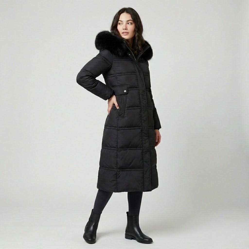 Casaco acolchoado comprido com capuz | Corte direito | Proteção elegante para o frio
