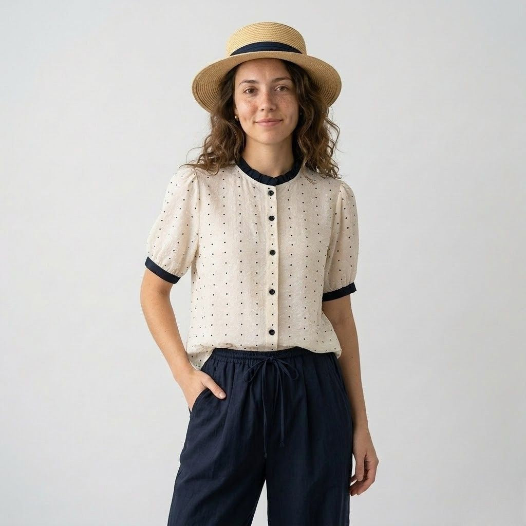 Blusa Leve com Gola Contrastante e Detalhe Perfurado Elegante