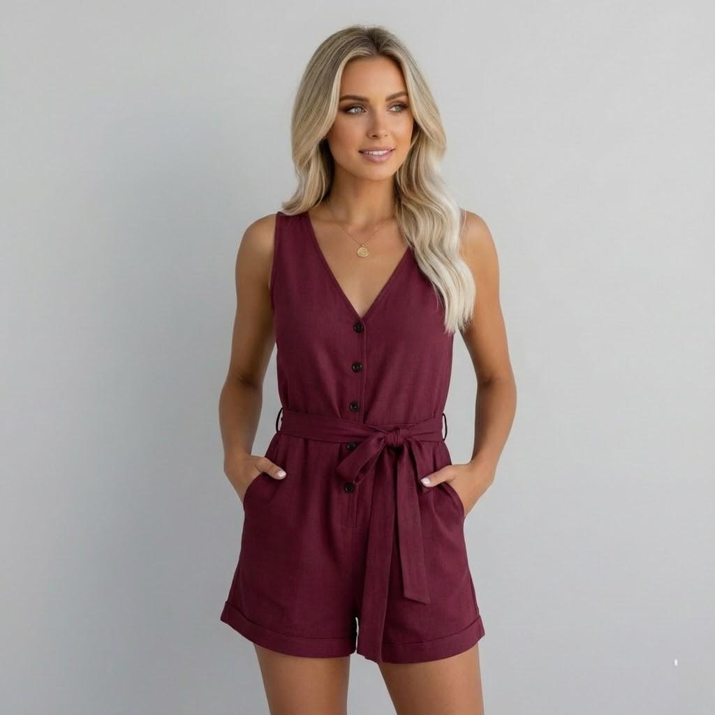 Macacão feminino elegante com decote em V e cintura ajustável