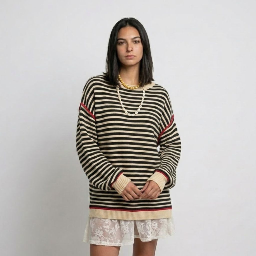Camisola de Malha às Riscas com Corte Solto e Conforto Diário