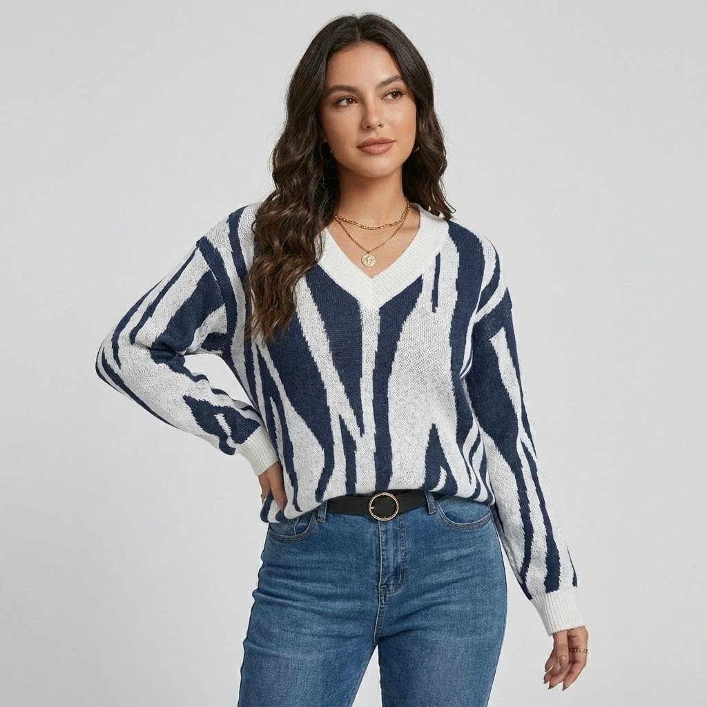 Camisola de malha estampada expressiva | Corte regular | Decote em V moderno