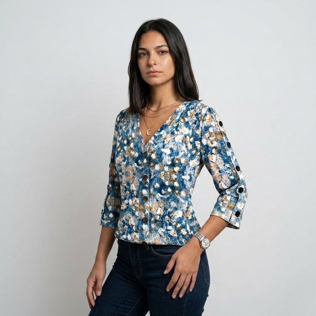 Blusa Ajustada Estampada com Botões Frontais e Decote em V