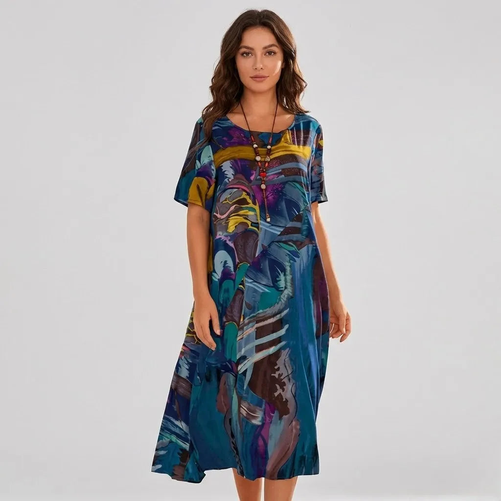 Vestido Midi Solto | Estampado Artístico | Viscose