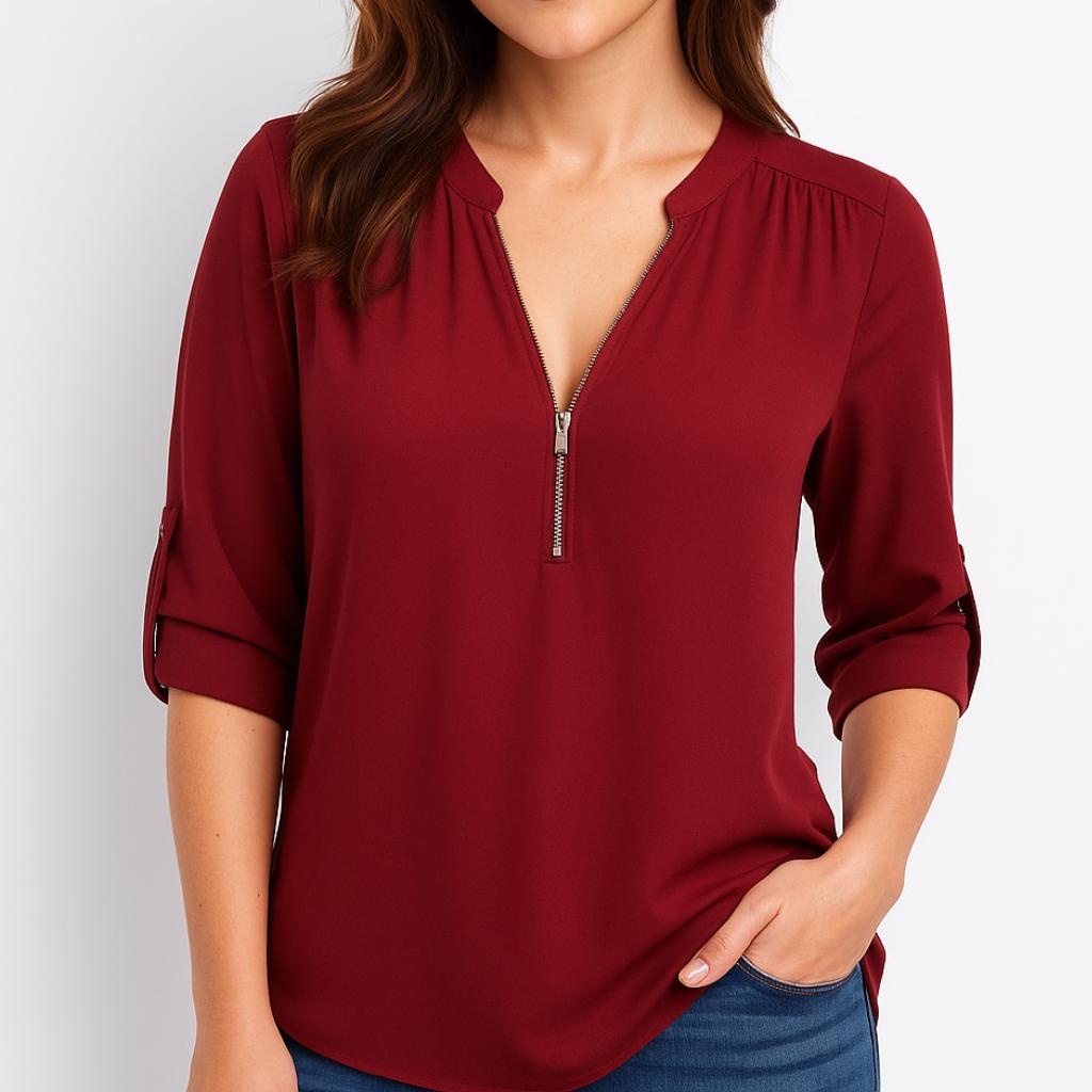 Blusa feminina fluida com decote em V e mangas dobradas