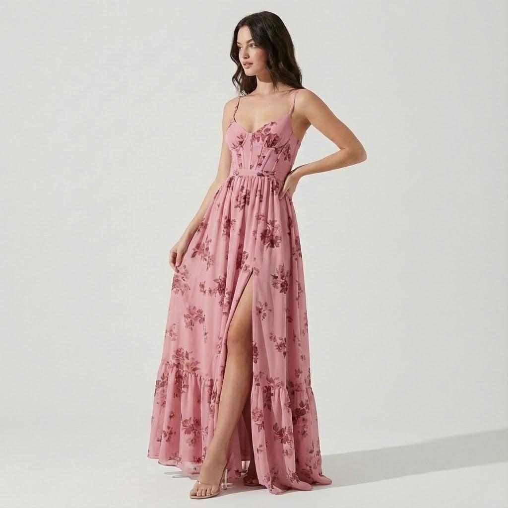 Vestido midi floral em viscose leve | Corte fluido com alças finas | Elegância de verão