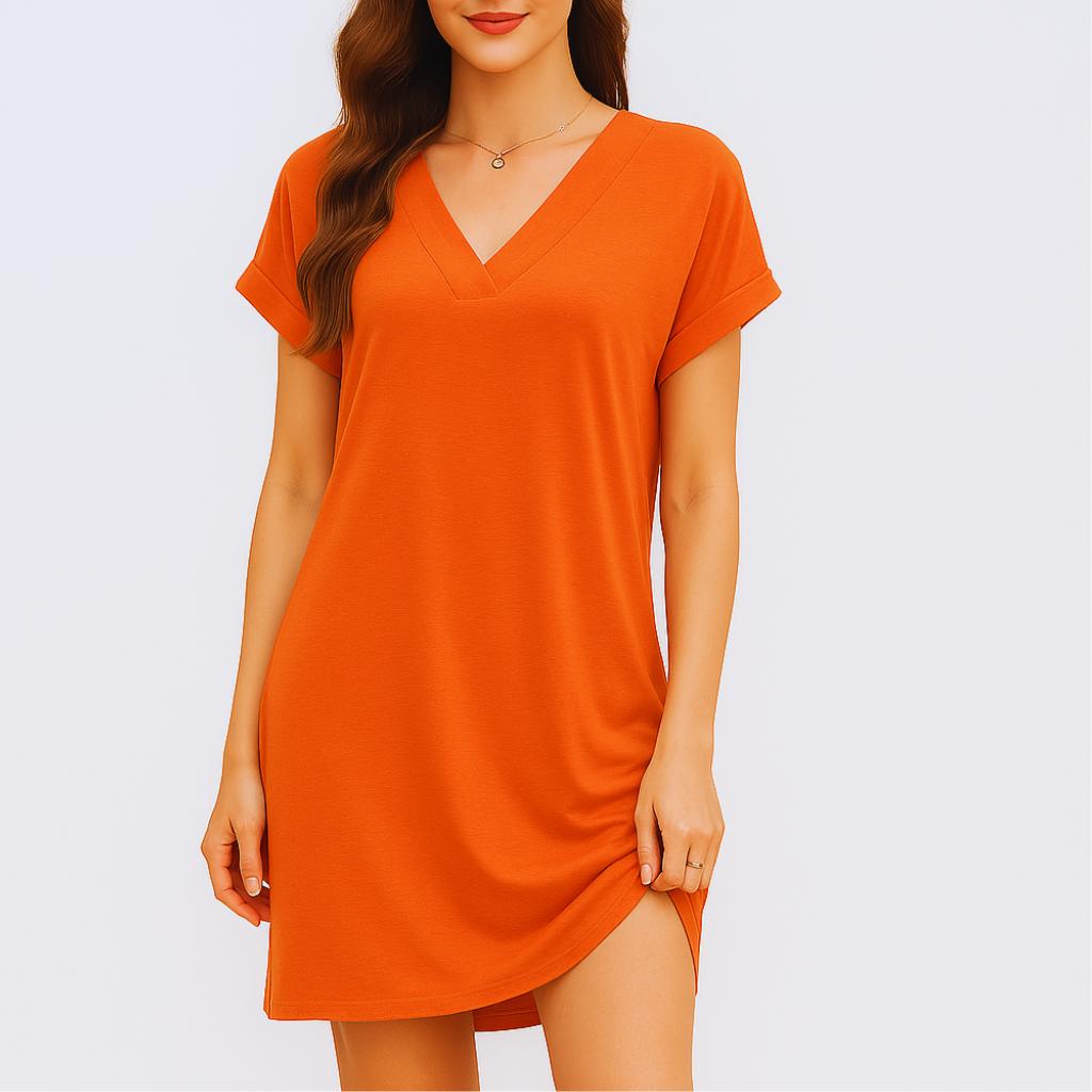 Vestido midi elegante com decote em V e corte fluido