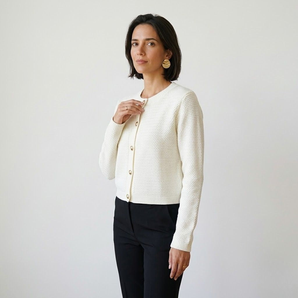 Cardigan de Malha Estruturada com Botões Dourados e Elegância Diária