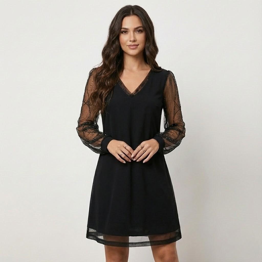 Vestido curto elegante em tecido fluido | Corte solto | Mangas transparentes com brilho subtil