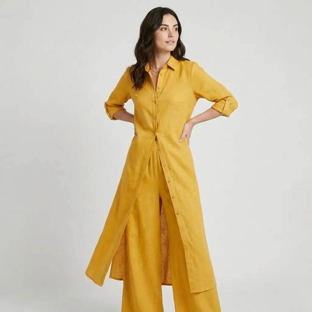 Conjunto fluido em mistura natural | Camisa longa e calças largas | Elegância leve e intemporal