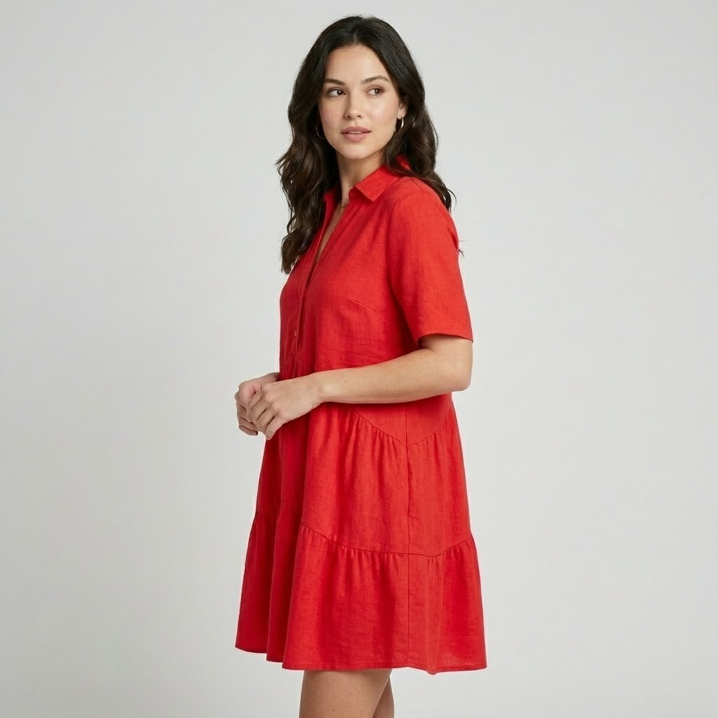 Vestido curto fluido em tecido leve | Corte solto | Design em camadas com botões