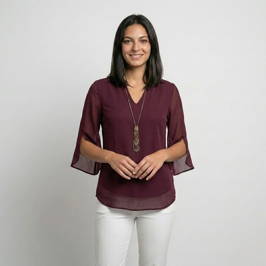 Blusa Elegante com Decote em V e Mangas Fluídas Leves