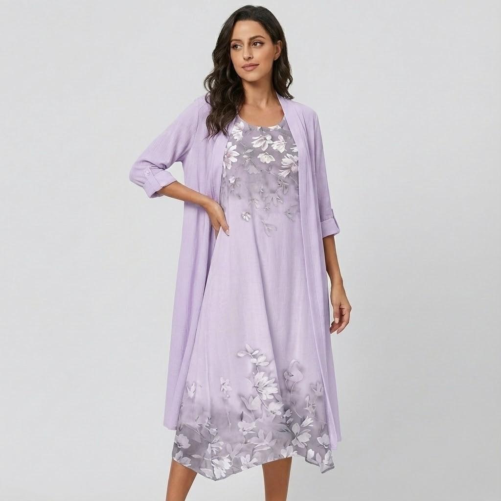 Vestido midi elegante com aplicação floral | Corte fluido | Sofisticação intemporal