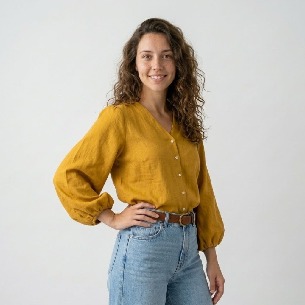 Blusa Fluida com Decote em V e Mangas Amplas Elegantes