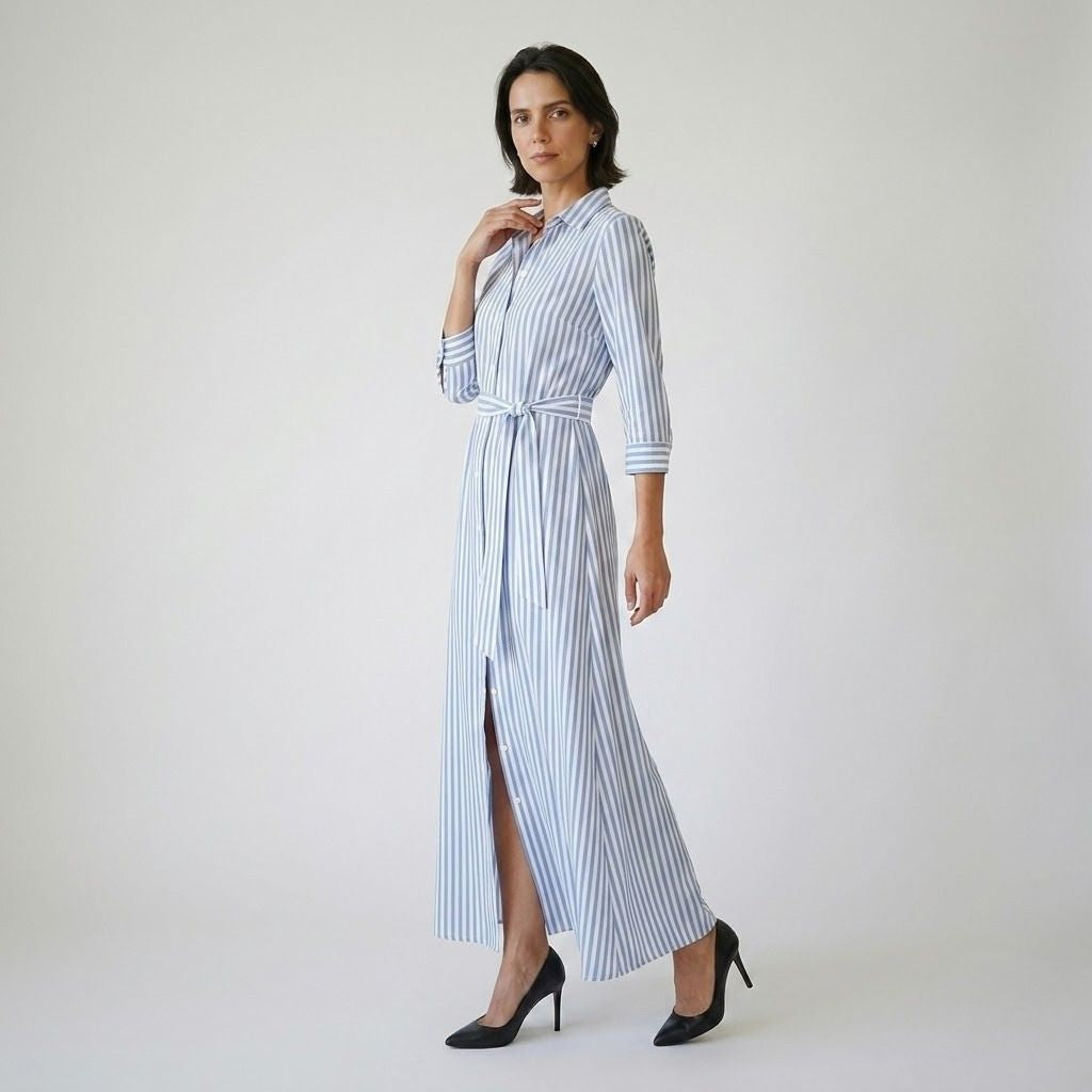 Vestido camiseiro comprido em riscas com cinto ajustável