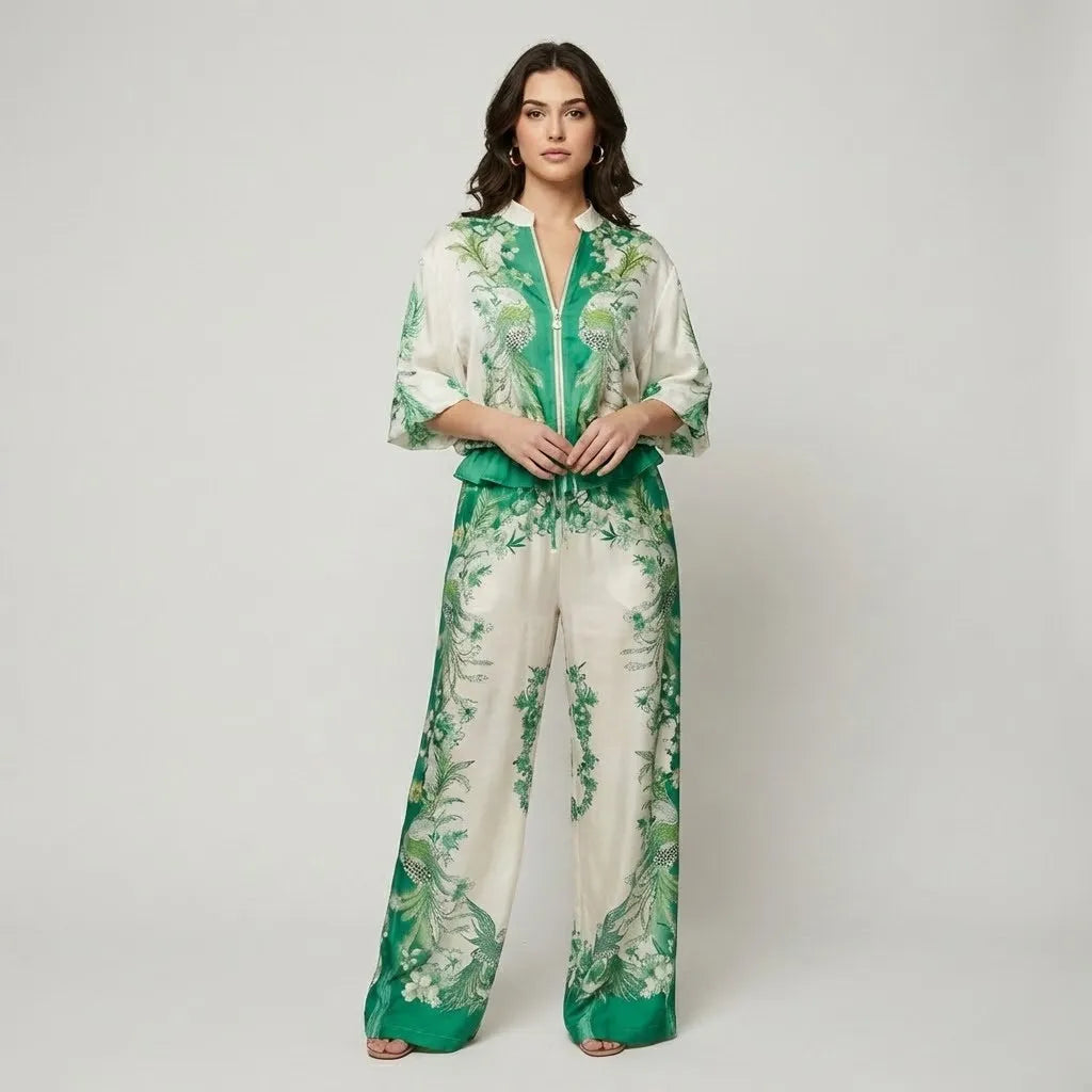 Conjunto estampado fluido em mistura leve | Blusa solta e calças largas | Elegância sofisticada