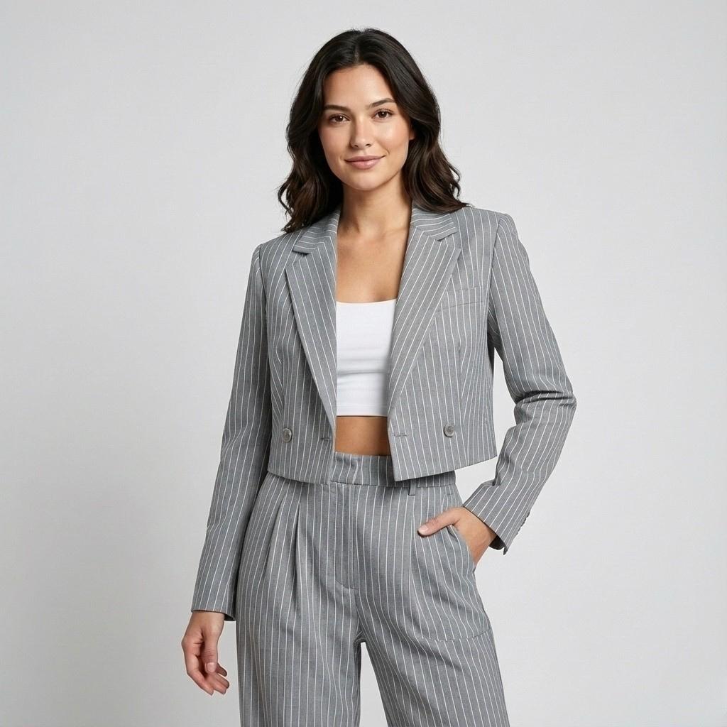 Conjunto Feminino de Blazer e Calças de Alfaiataria às Riscas
