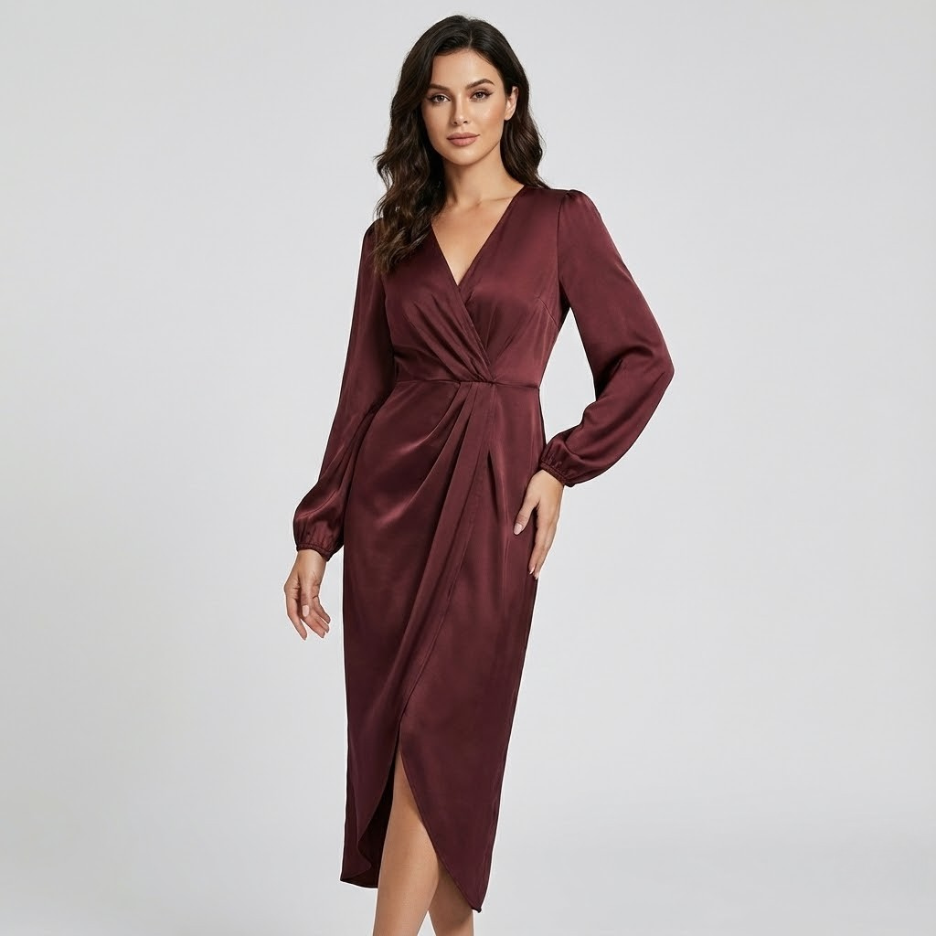 Vestido midi elegante em viscose fluida | Corte ajustado | Drapeado feminino sofisticado