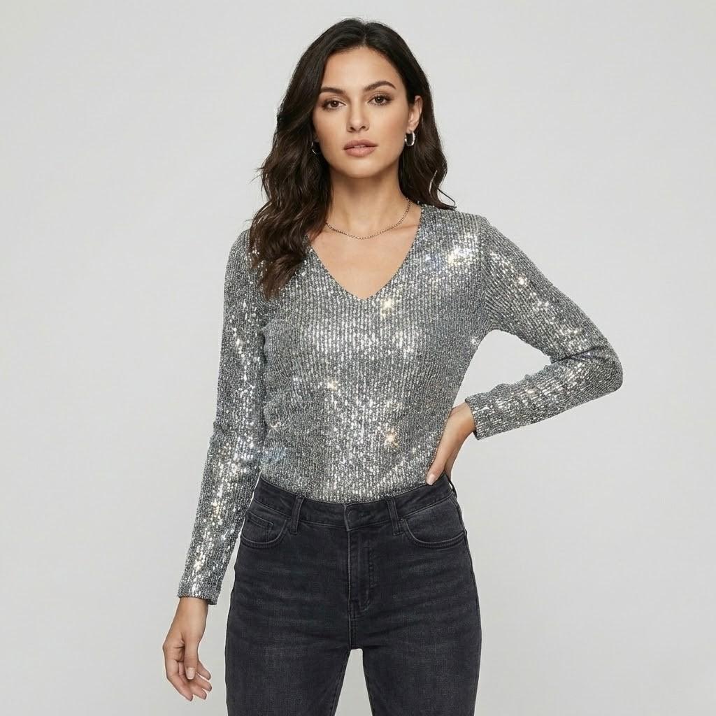 Blusa com brilho subtil em malha leve | Corte fluido | Decote em V elegante