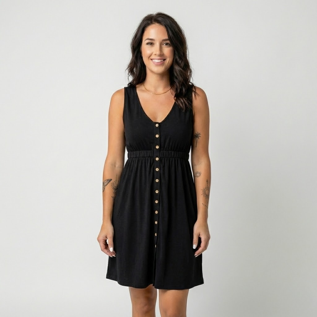 Vestido casual em algodão leve | Corte evasé | Botões frontais funcionais