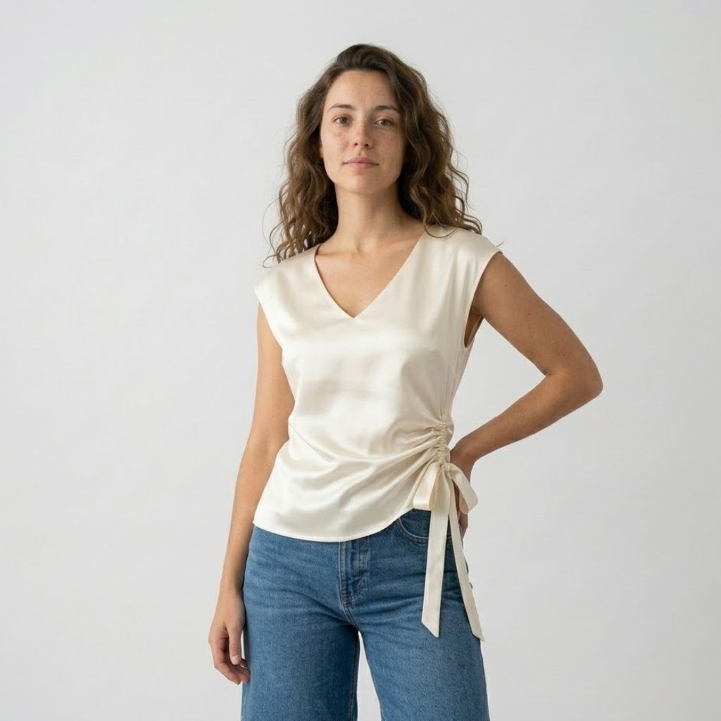 Blusa Fluida com Decote em V e Ajuste Lateral Elegante