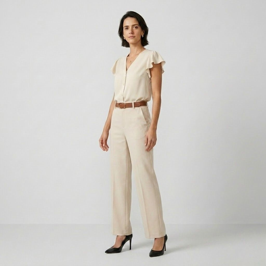 Conjunto Elegante com Blusa Fluida e Calças de Corte Direito