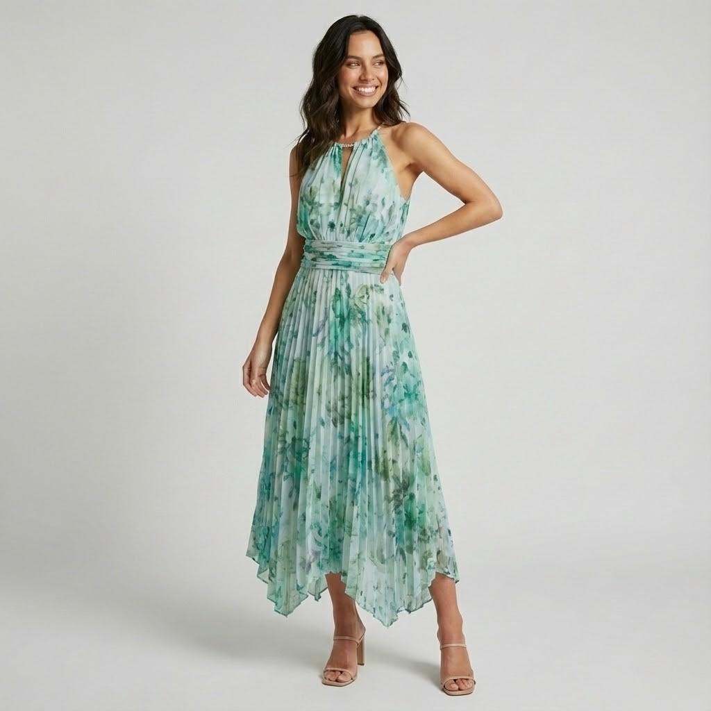 Vestido midi fluido em mistura de viscose | Cintura subida | Estampado floral elegante