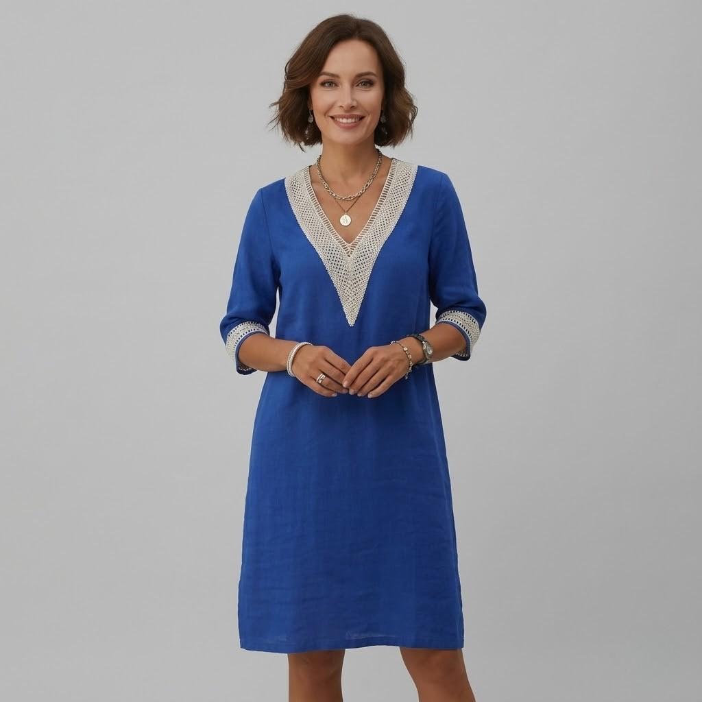 Vestido feminino casual em corte direito com decote em V