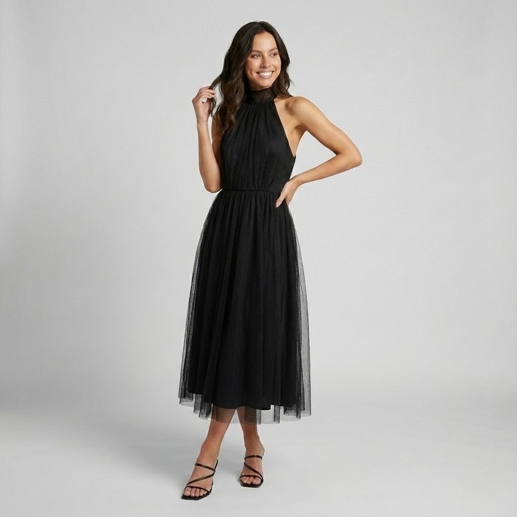Vestido elegante de gola halter em tecido fluido | Corte midi | Silhueta leve e sofisticada
