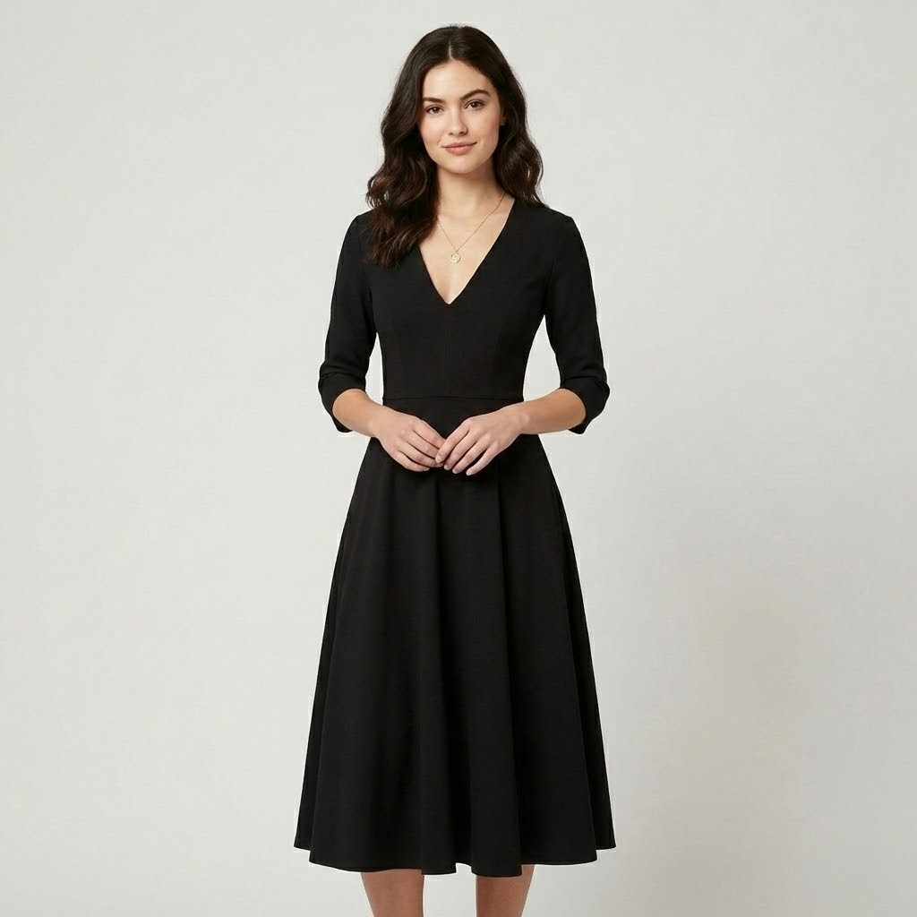 Vestido midi fluido em mistura de viscose | Cintura marcada | Decote em V elegante