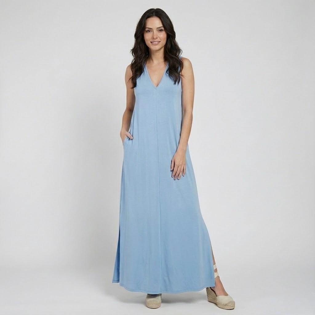 Vestido longo fluido de inspiração clássica | Decote em V | Elegância intemporal