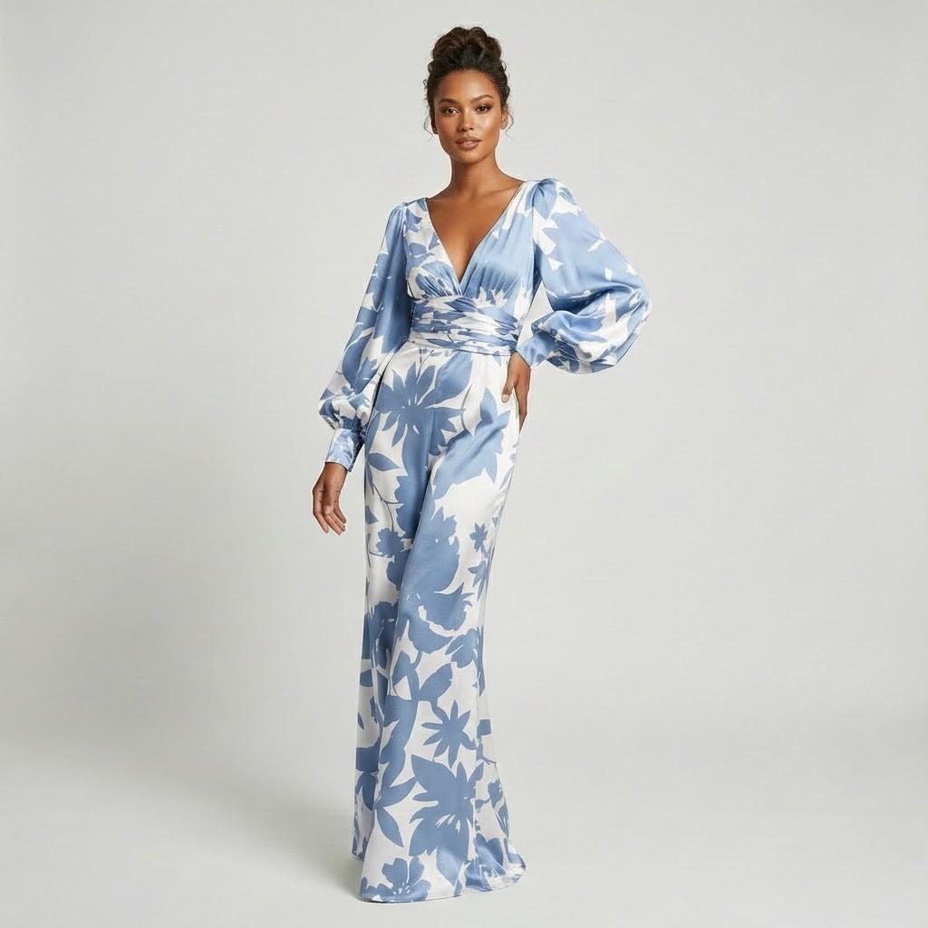 Vestido comprido feminino fluido com decote em V