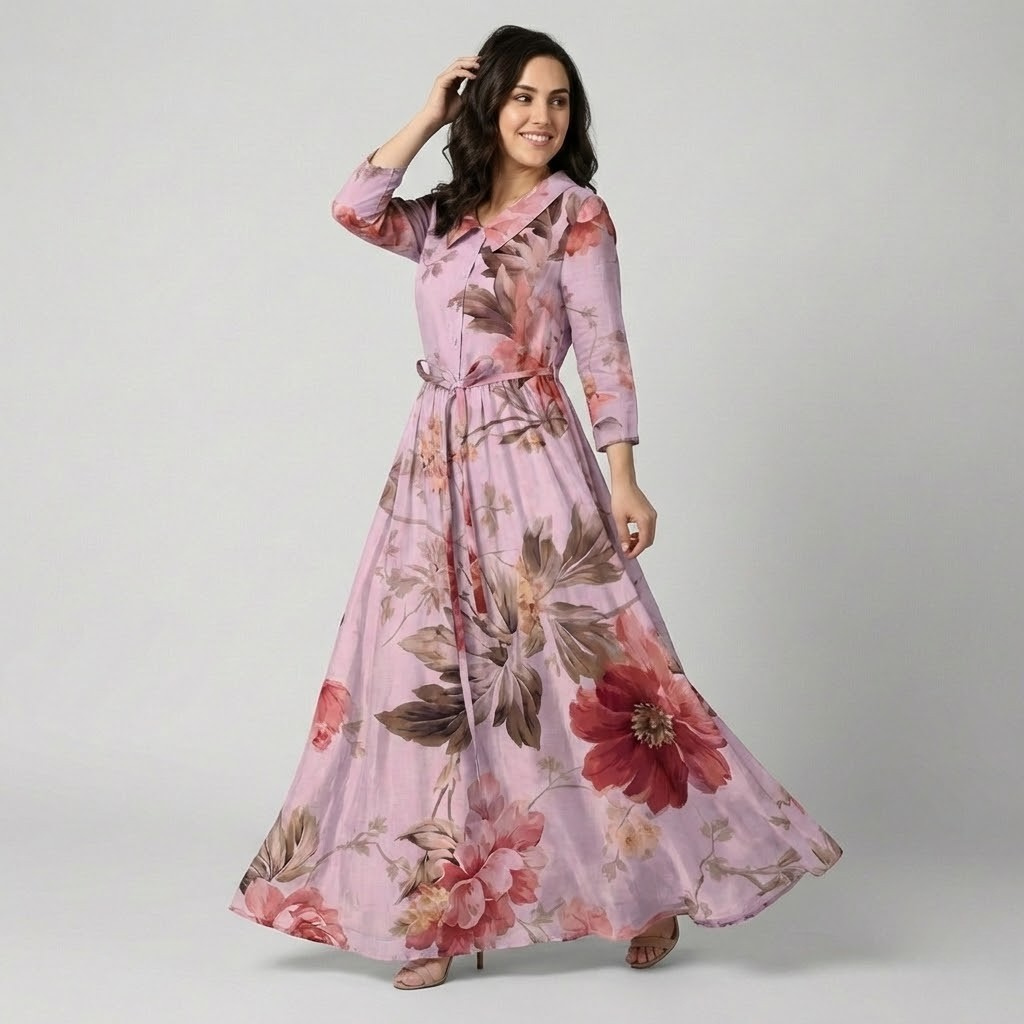 Vestido midi floral em linho | Cintura ajustada | Elegância intemporal