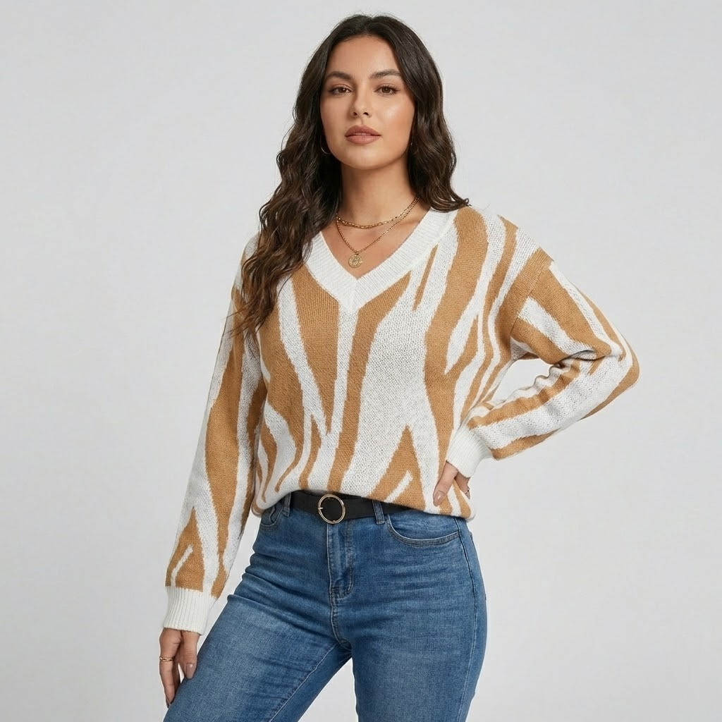 Camisola de malha estampada expressiva | Corte regular | Decote em V moderno