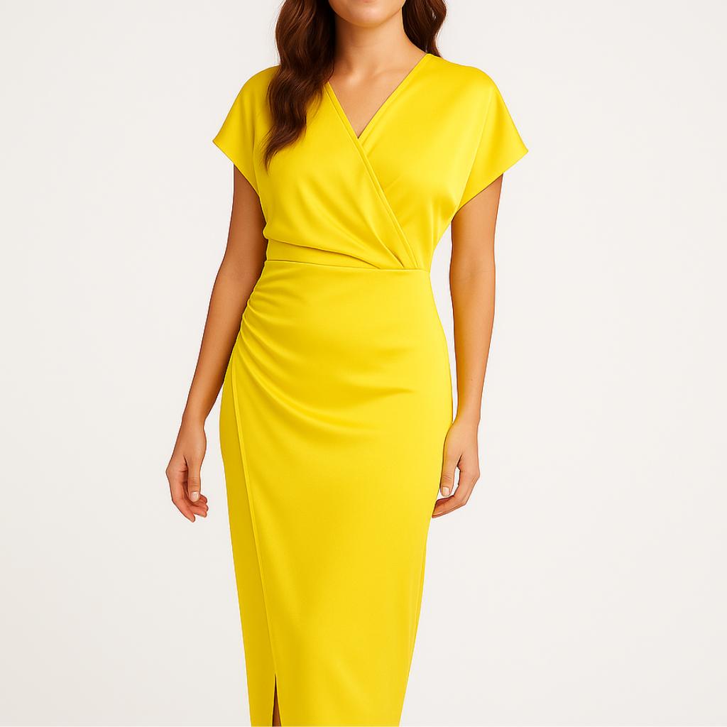 Vestido midi feminino com decote cruzado e corte elegante