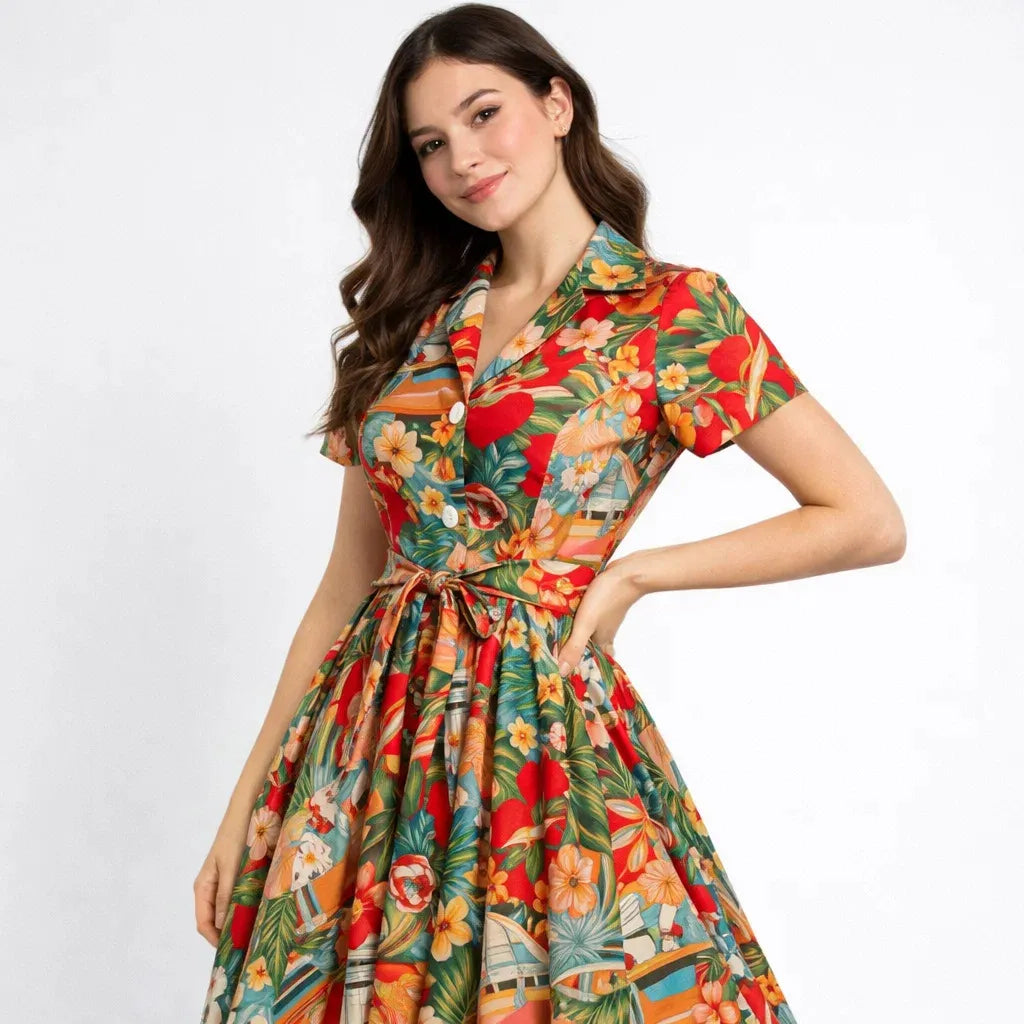 Vestido midi estampado em mistura de algodão | Corte evasé | Elegância floral