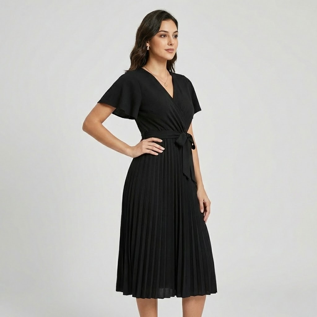 Vestido midi plissado em mistura de viscose | Cintura com laço | Elegância feminina