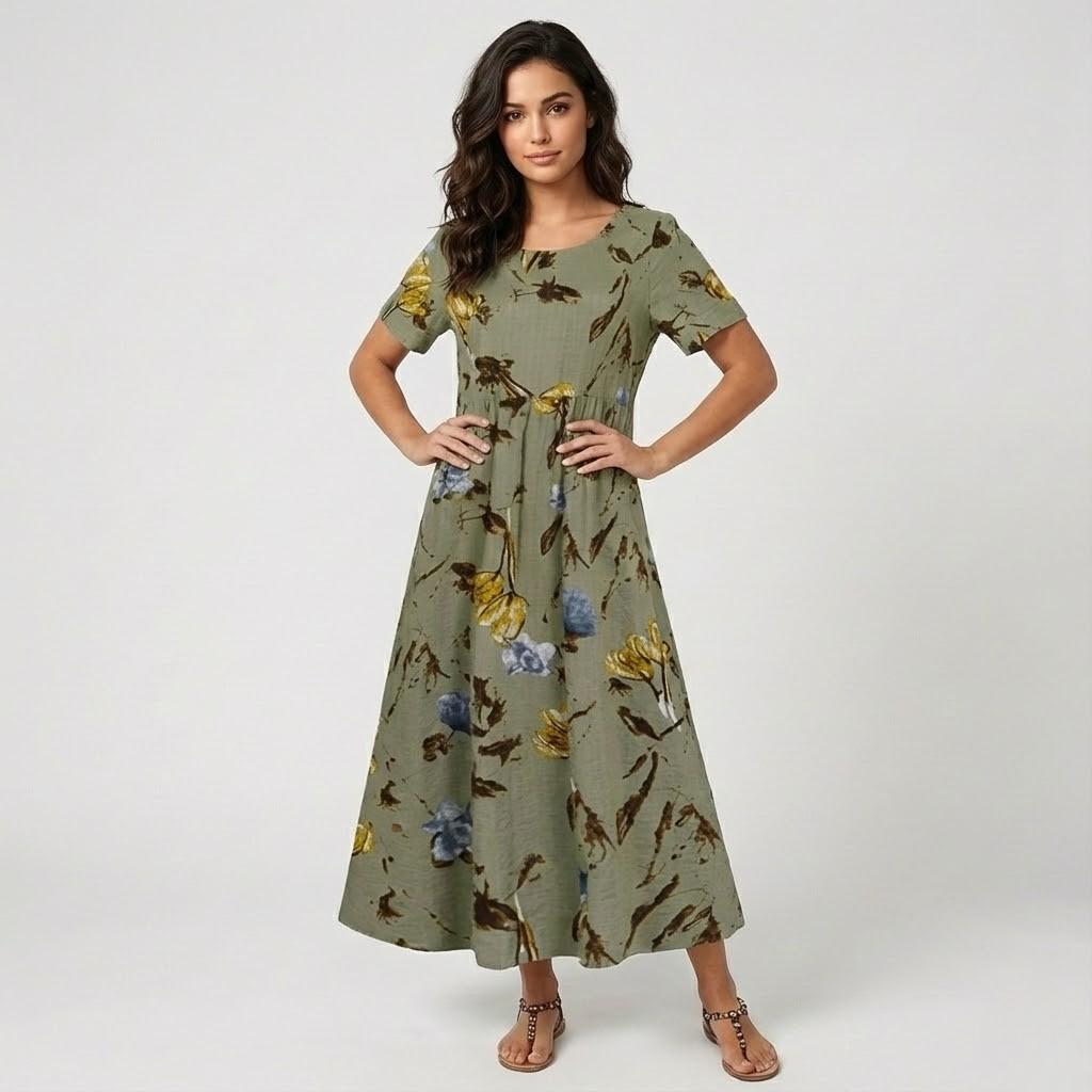 Vestido fluido com estampado floral em mistura de linho | Corte evasé | Leveza natural para o dia-a-dia