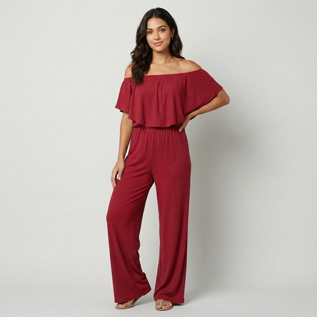 Macacão fluido off-shoulder em mistura leve | Corte solto | Elegância descontraída