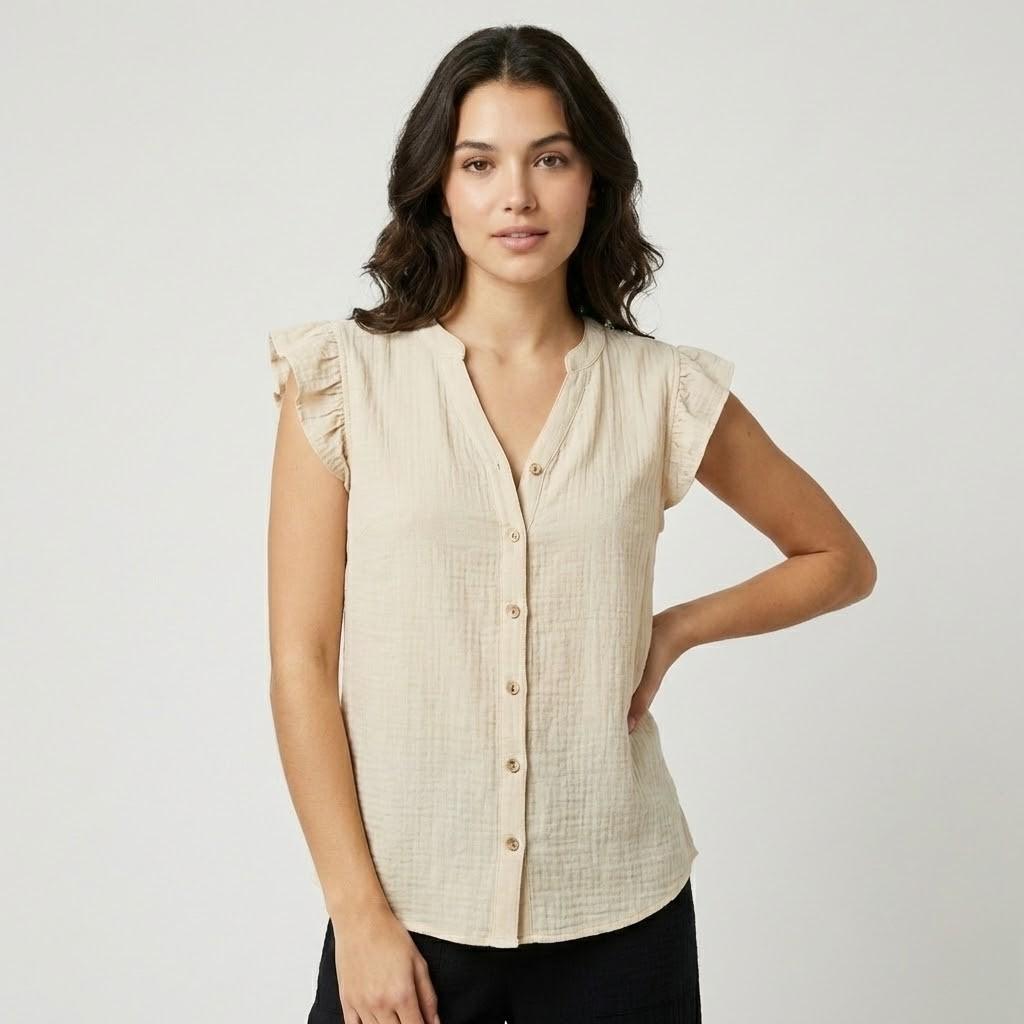 Blusa fluida em mistura de algodão | Corte descontraído | Decote em V com botões
