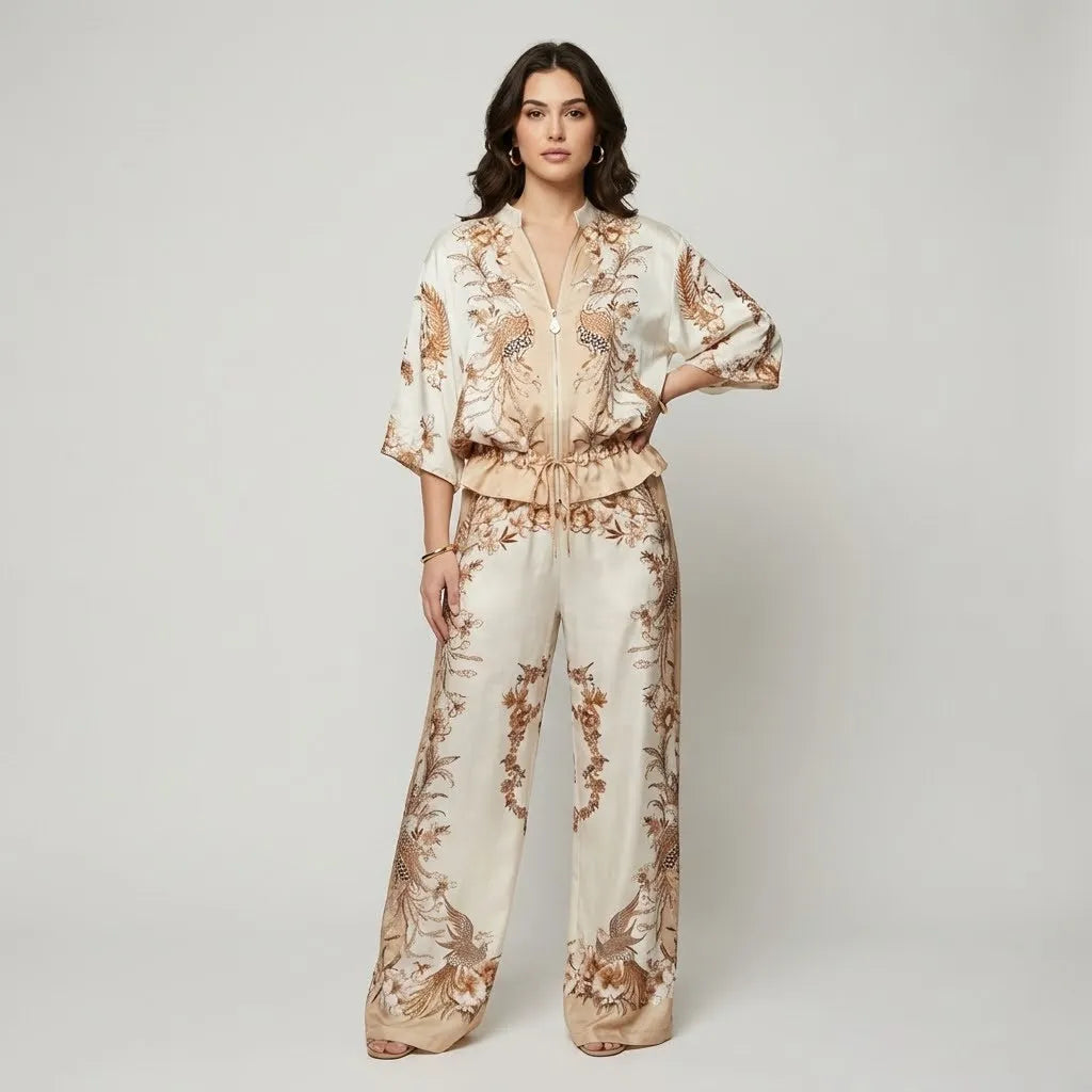 Conjunto estampado fluido em mistura leve | Blusa solta e calças largas | Elegância sofisticada