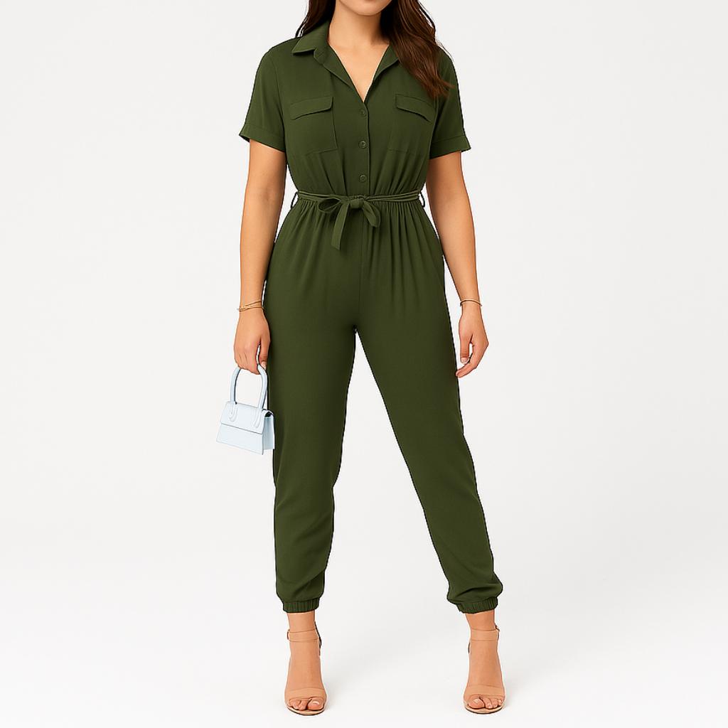 Macacão feminino de manga curta com cintura ajustável