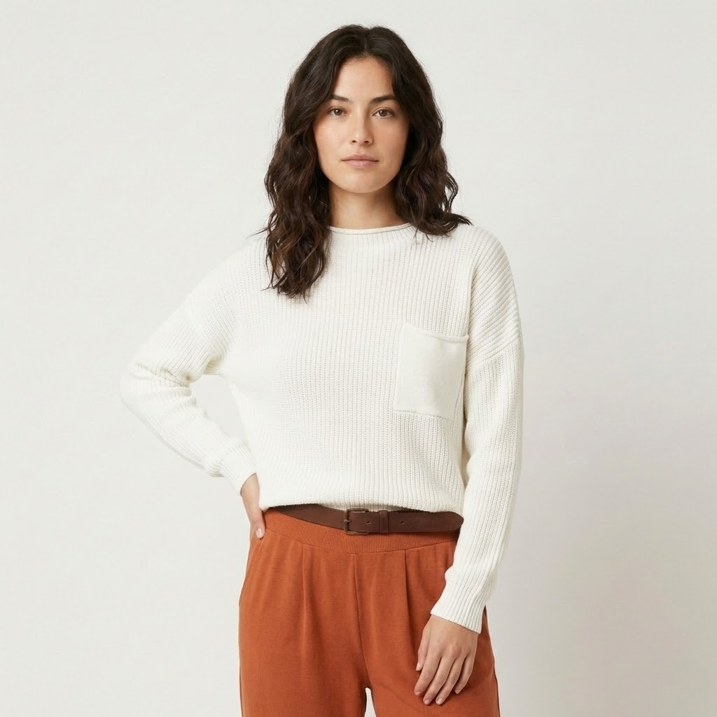 Camisola de malha estruturada em algodão | Corte descontraído | Bolso frontal discreto