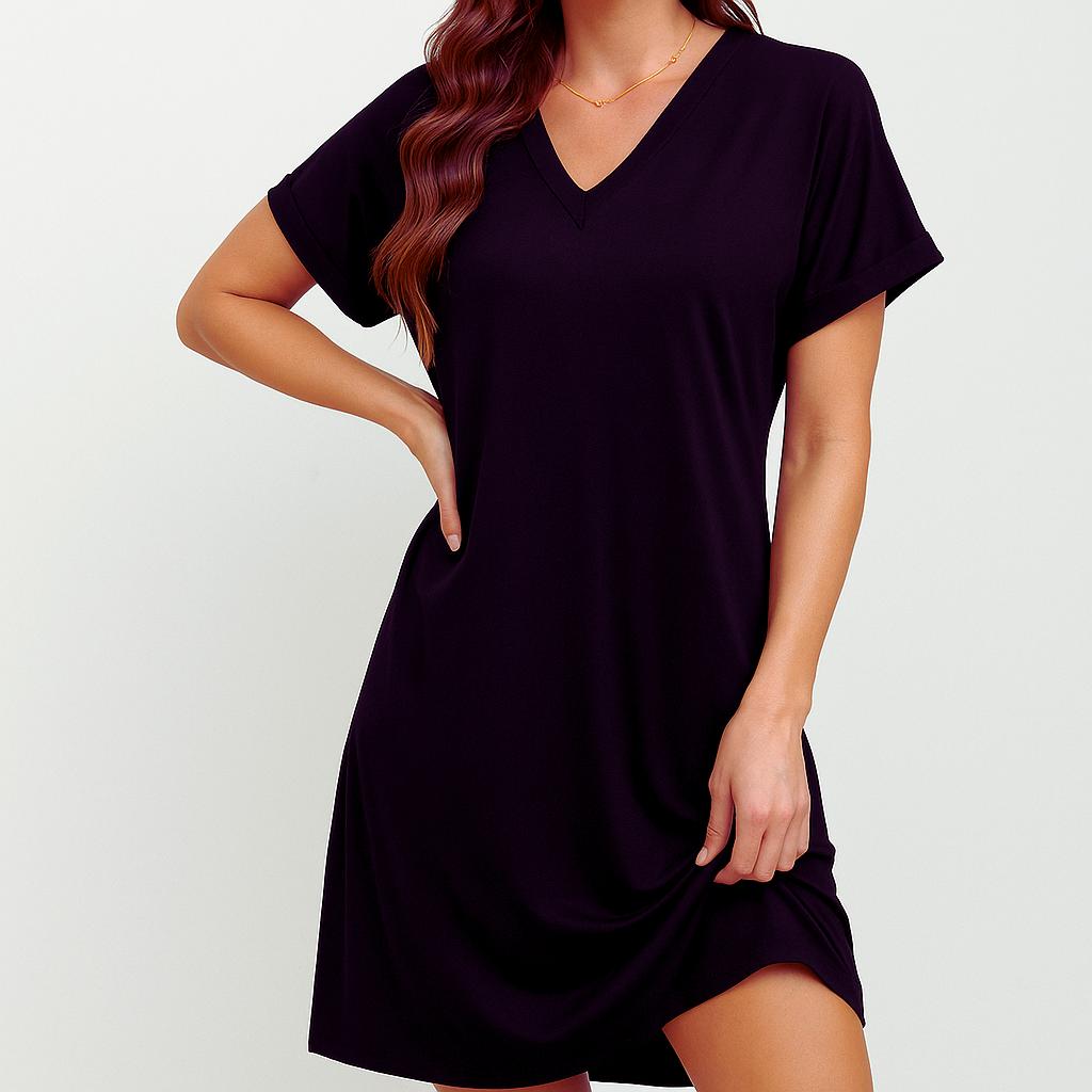 Vestido midi elegante com decote em V e corte fluido