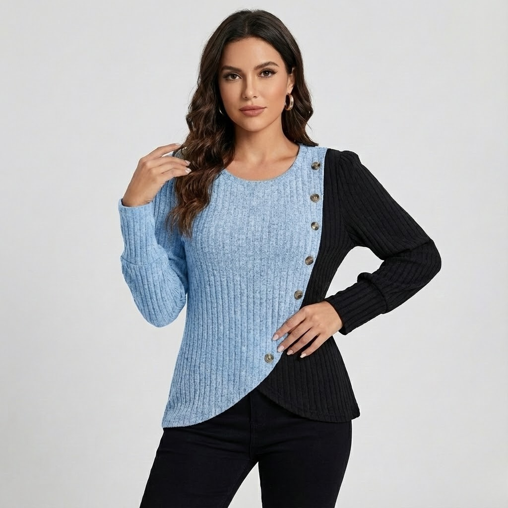 Camisola de malha assimétrica em mistura de algodão | Corte fluido | Detalhe de botões decorativos