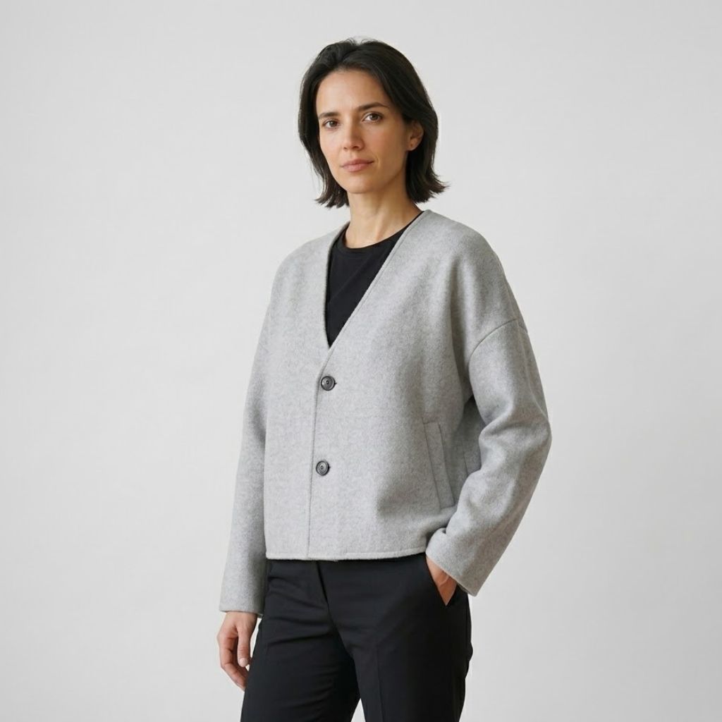 Casaco Curto Minimalista com Botões Frontais e Corte Estruturado