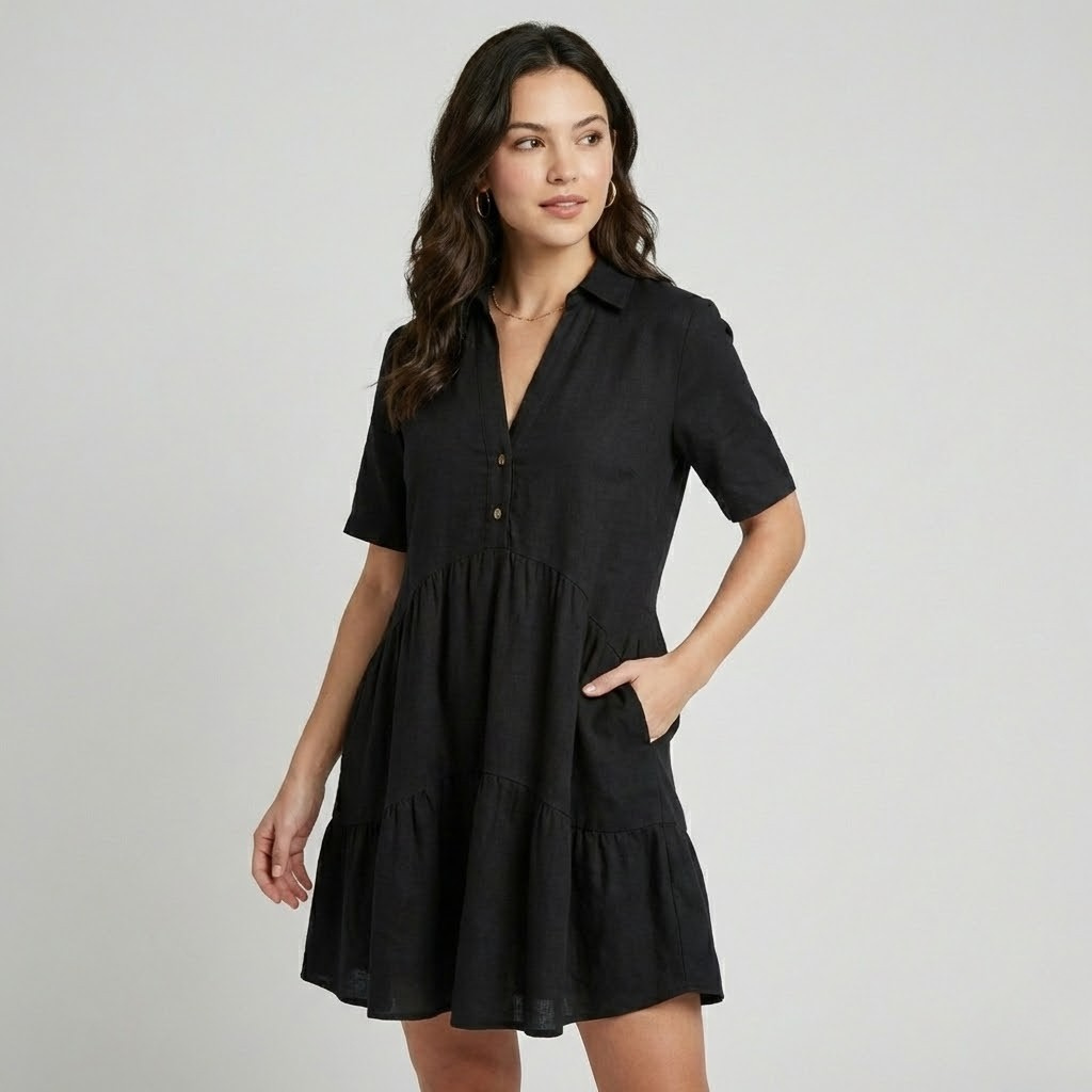 Vestido curto fluido em tecido leve | Corte solto | Design em camadas com botões