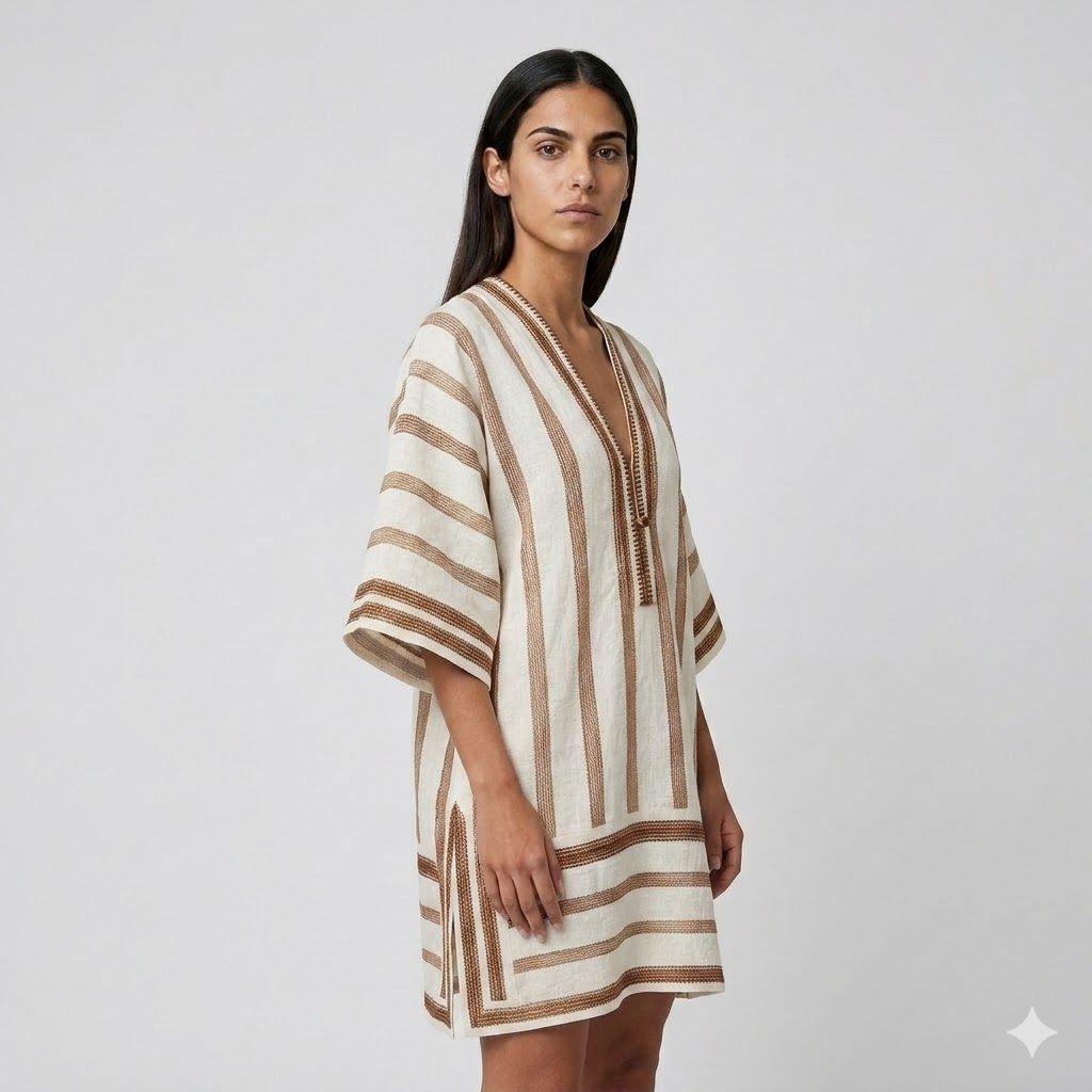 Vestido Túnica Curto com Bordado Frontal e Corte Solto de Verão