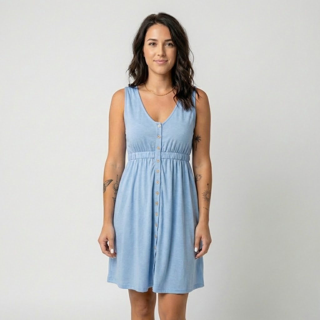 Vestido casual em algodão leve | Corte evasé | Botões frontais funcionais