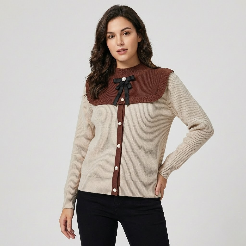 Camisola de malha elegante com gola contrastante | Corte clássico | Laço decorativo frontal