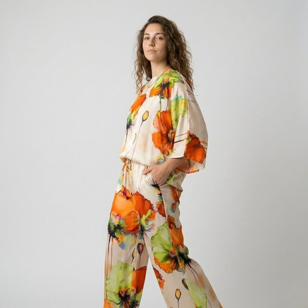 Conjunto Fluido Estampado com Blusa Solta e Calça de Perna Larga